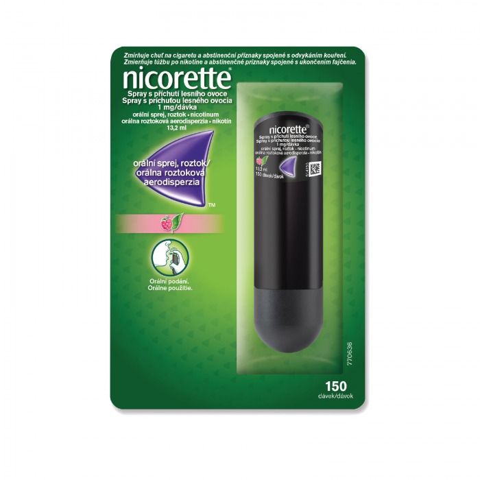 nicorette® Spray s príchuťou lesného ovocia, 1 mg/dávka, orálna roztoková aerodisperzia, 150 dávok