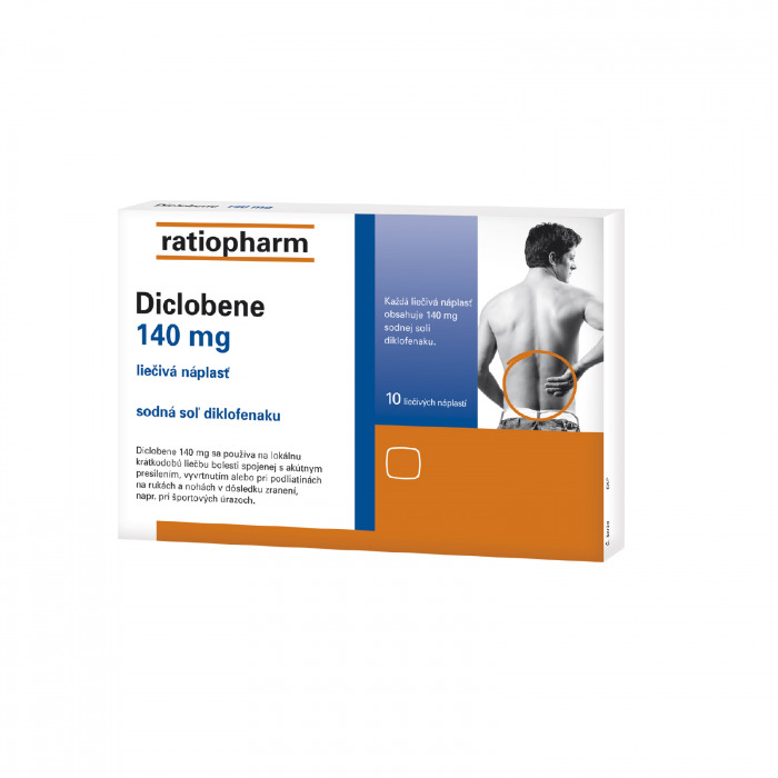 Diclobene* 140 mg, 10 liečivých náplastí. (v akcii aj Diclobene* 140 mg, 5 liečivých náplastí)