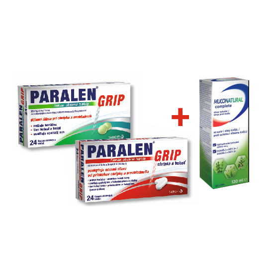 PARALEN® GRIP chrípka a bolesť 24 tbl alebo  PARALEN® GRIP 24 tbl + Muconatural complete sirup proti kašľu 120 ml len za 0,01 €.