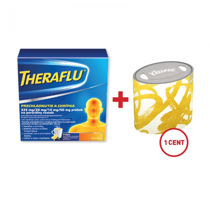 THERAFLU® prechladnutie a chrípka 14 vreciek + vreckovky Kleenex box za 1 cent
