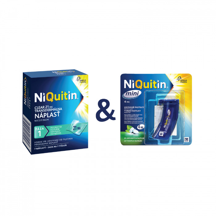 NiQuitin CLEAR 21 mg, transdermálna náplasť, 7 náplastí1) a NiQuitin mini 4 mg, tvrdé pastilky, 20 ks2)